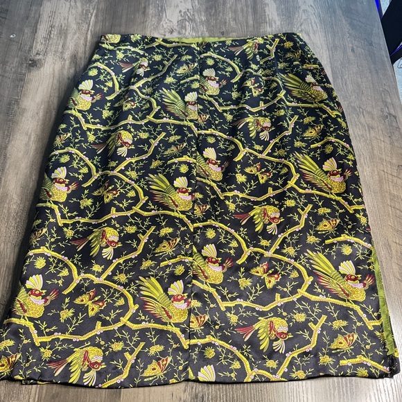 90’s Cottagecore Betsey Johnson 100% Silk  Black & Green Bird Pencil Skirt - Picture 6 of 7